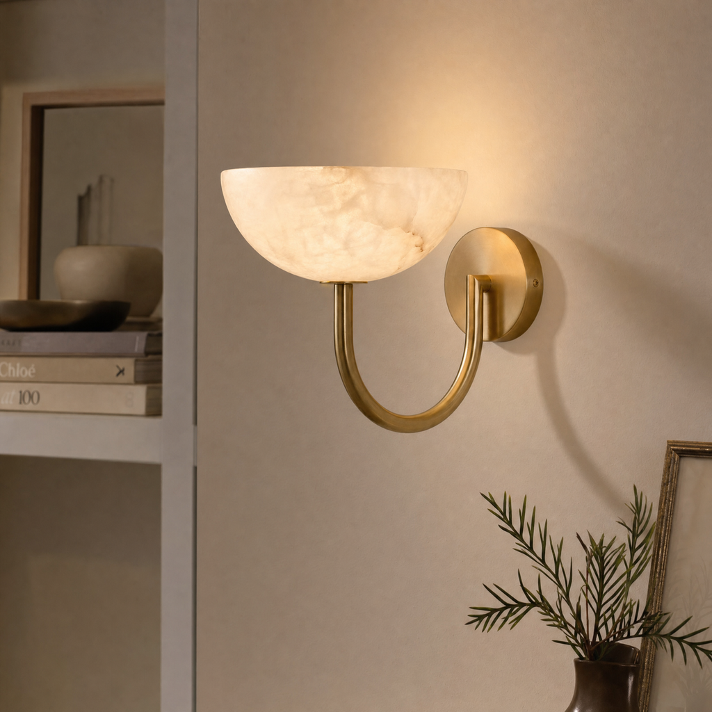 Alabaster Bowl Wall Sconce Brass Brushed Nickel Matte Black Indoor Light Home Decor Stack Clear 98