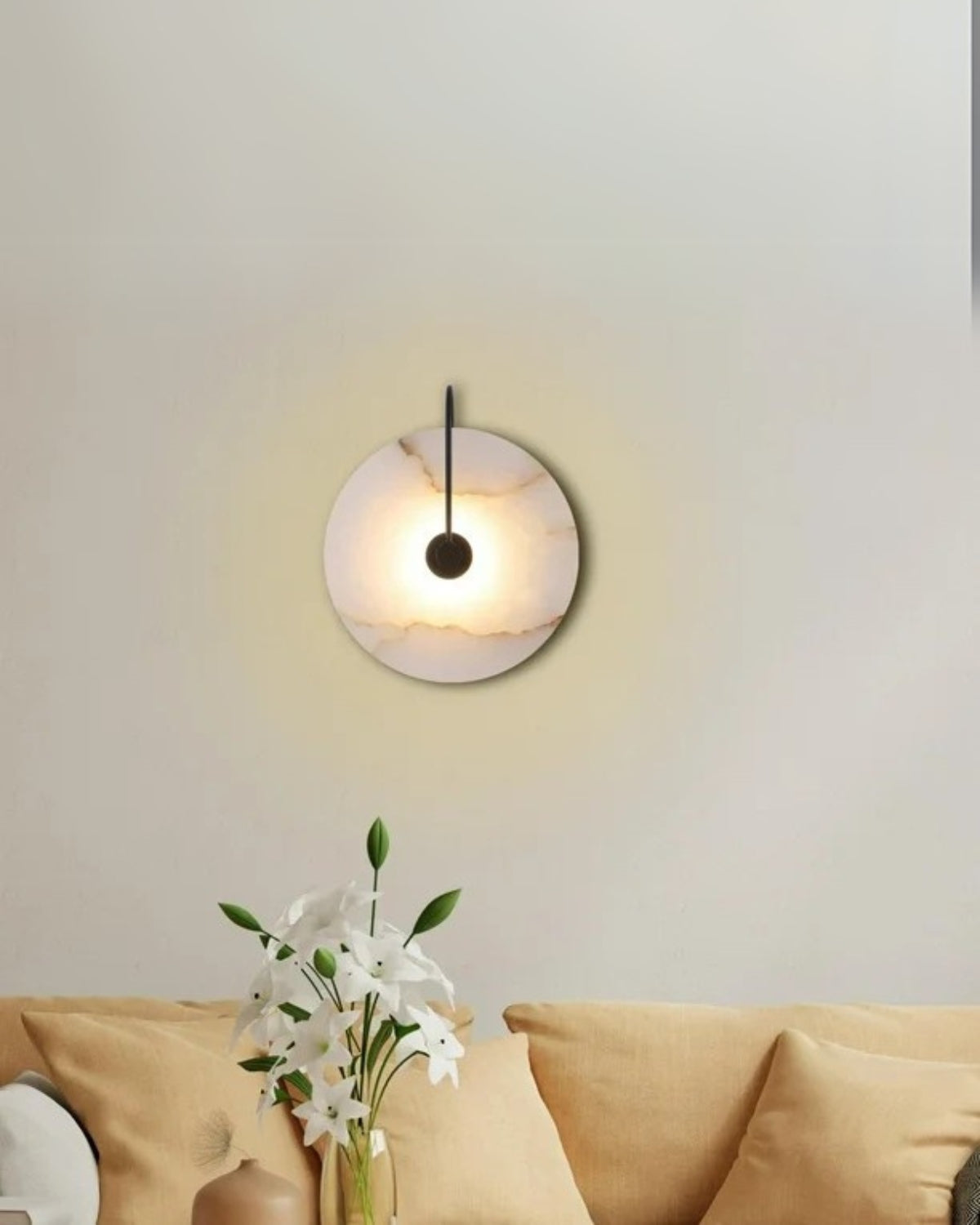 Alabaster Wall Lamp with Black Arm – Elegant Circular Wall Sconce Lighting 2
