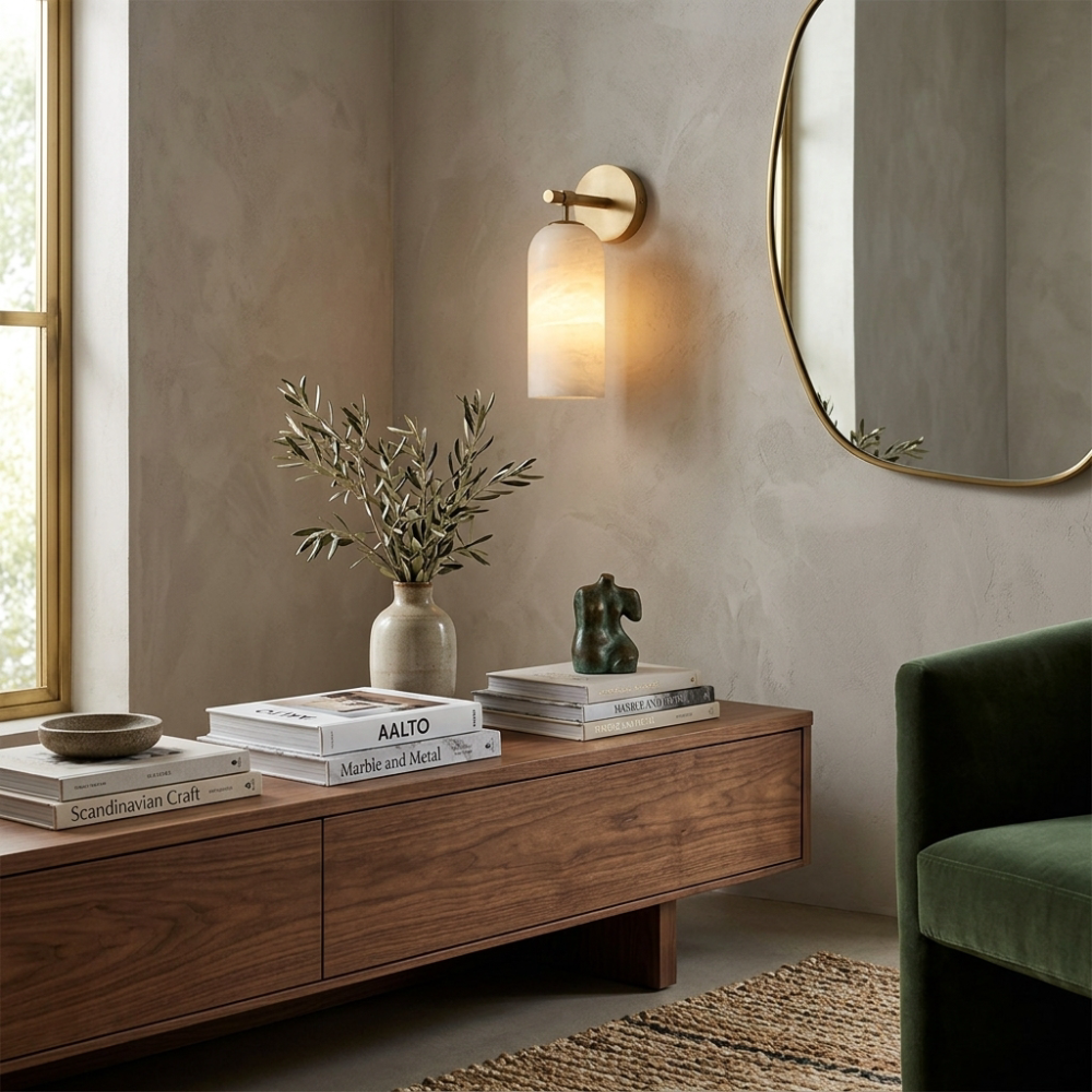 Alabaster Wall Light with Brushed Gold Arm – Elegant Indoor Sconce 998