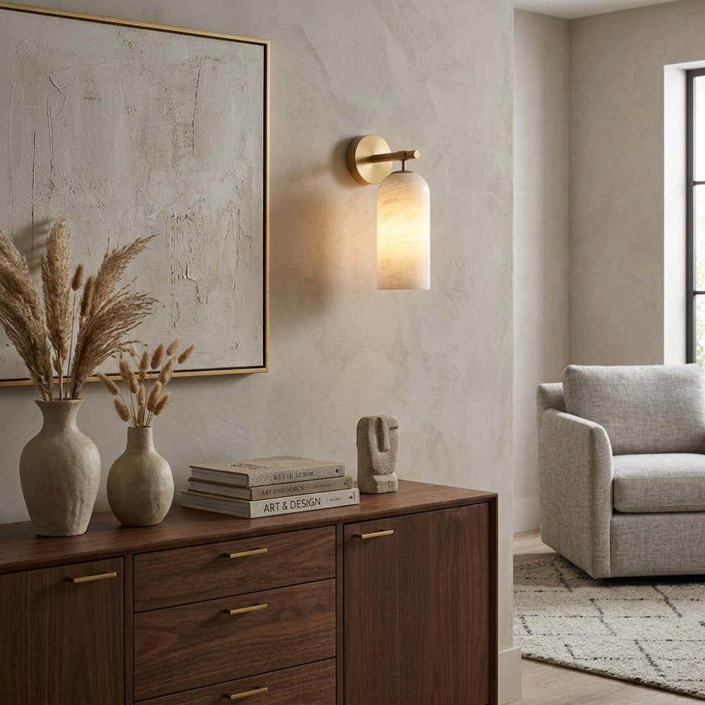 Alabaster Wall Light with Brushed Gold Arm – Elegant Indoor Sconce 999