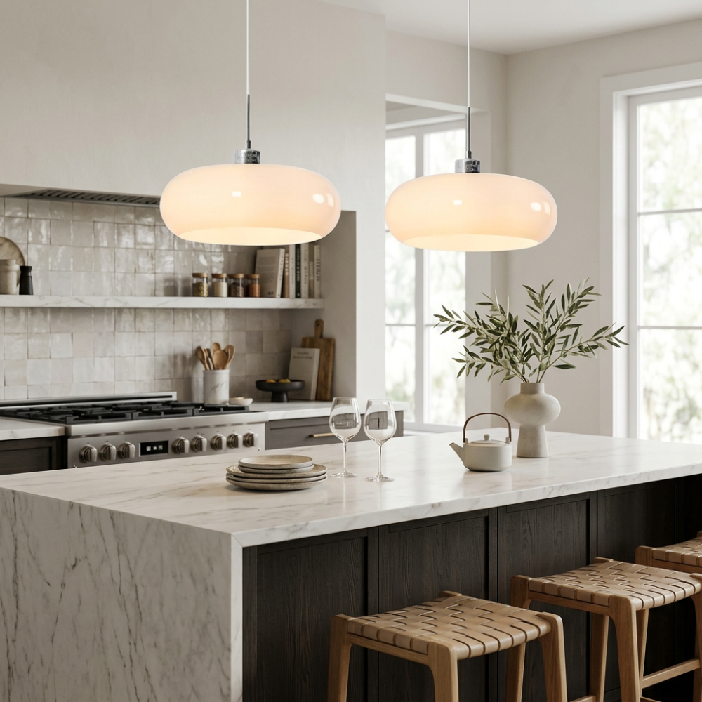 Amber Glass Pendant Light Dome Chrome Bauhaus Kitchen Dining Room Home Decor - Stack & Clear 994