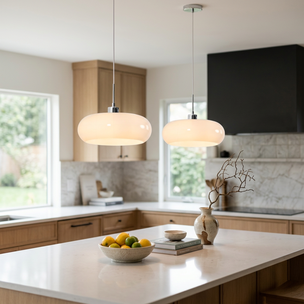 Amber Glass Pendant Light Dome Chrome Bauhaus Kitchen Dining Room Home Decor - Stack & Clear 995