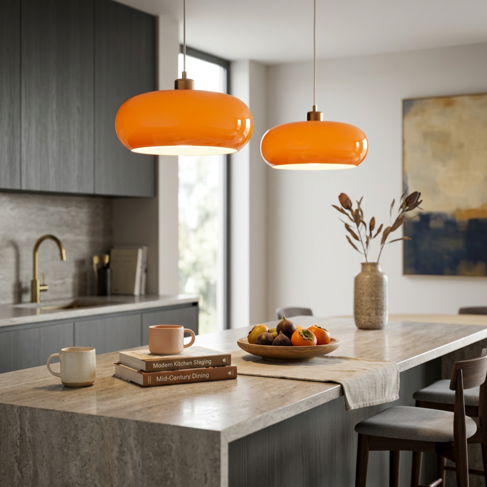 Amber Glass Pendant Light Dome Chrome Bauhaus Kitchen Dining Room Home Decor - Stack & Clear 996