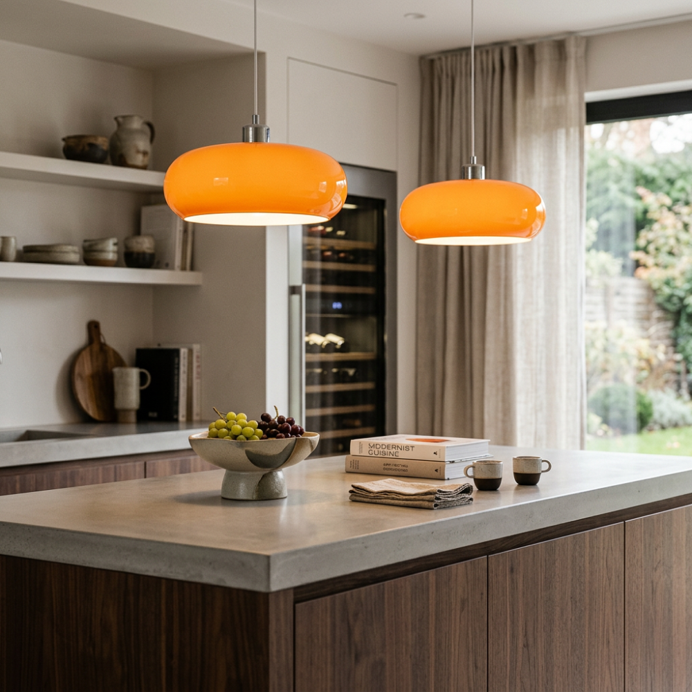 Amber Glass Pendant Light Dome Chrome Bauhaus Kitchen Dining Room Home Decor - Stack & Clear 997