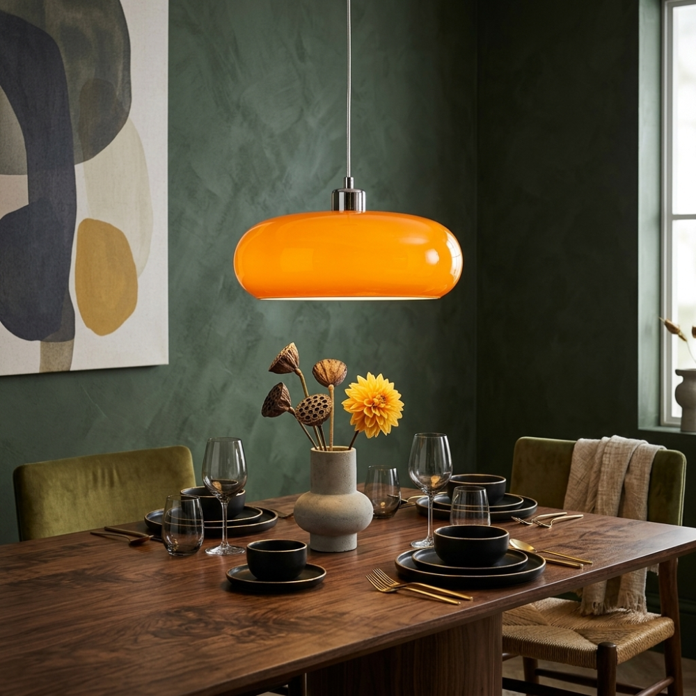 Amber Glass Pendant Light Dome Chrome Bauhaus Kitchen Dining Room Home Decor - Stack & Clear