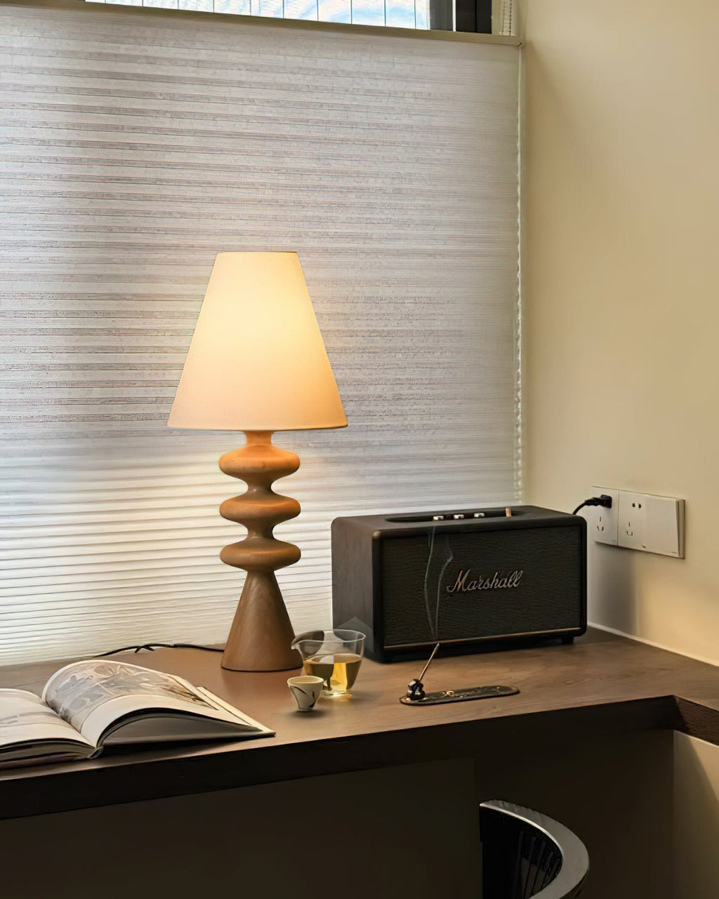 Bedside Table Lamp with Wooden Base Fabric Shade 6