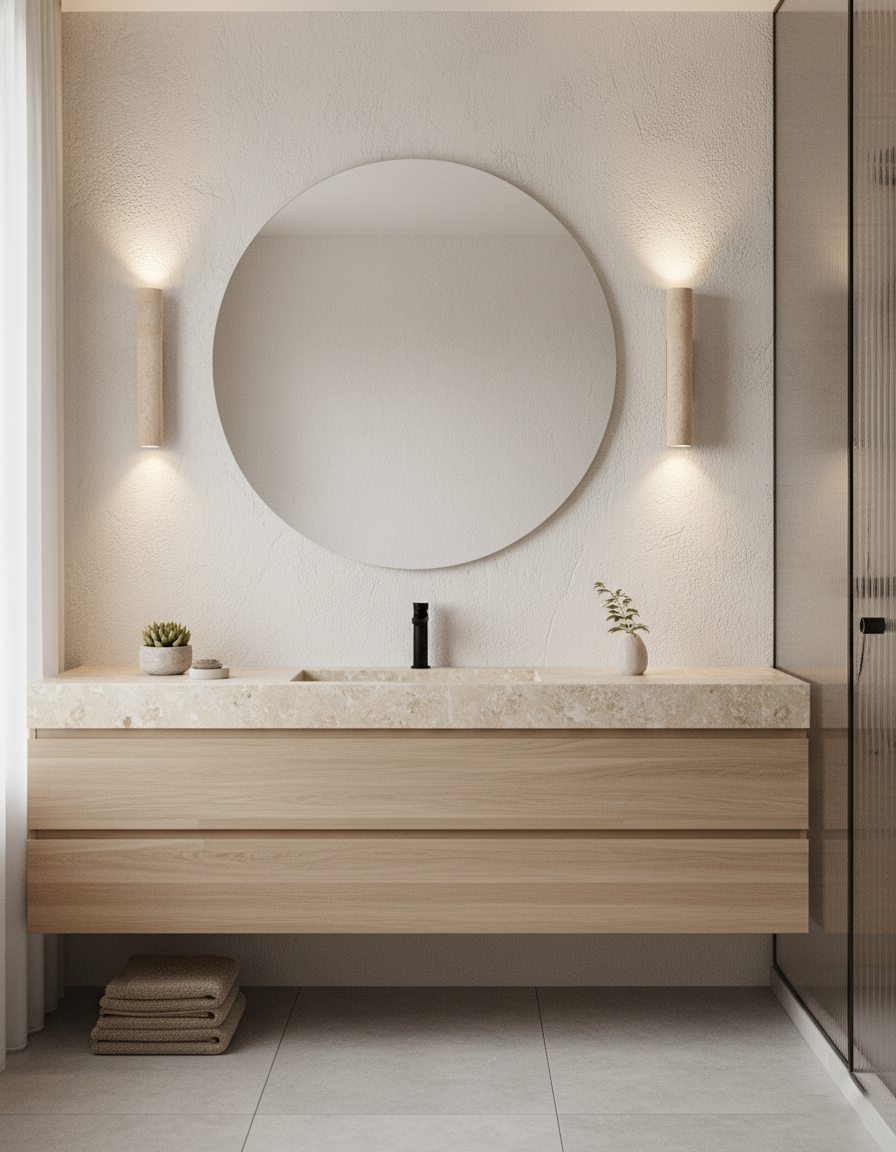 Beige Travertine Wall Sconce Light with Walnut Base for Bathroom 5