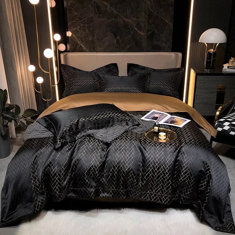 Black Jacquard King Size Duvet Cover Set - 4 or 6 Piece Cotton Bedding Set 0
