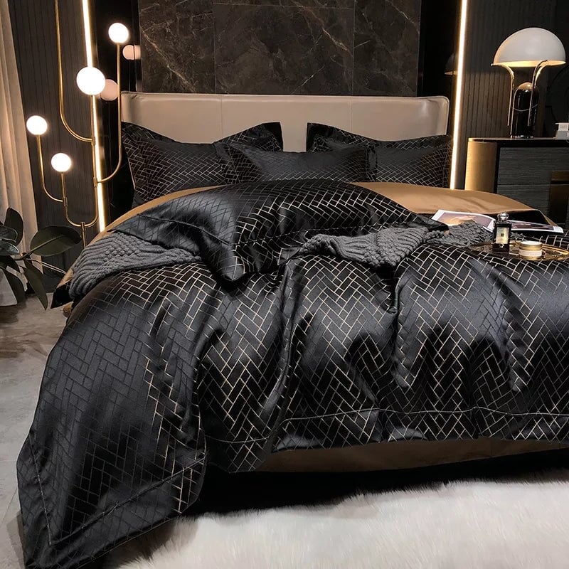 Black Jacquard King Size Duvet Cover Set - 4 or 6 Piece Cotton Bedding Set 2