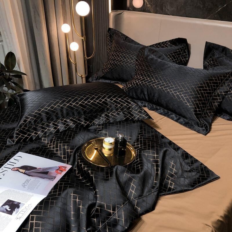Black Jacquard King Size Duvet Cover Set - 4 or 6 Piece Cotton Bedding Set 6