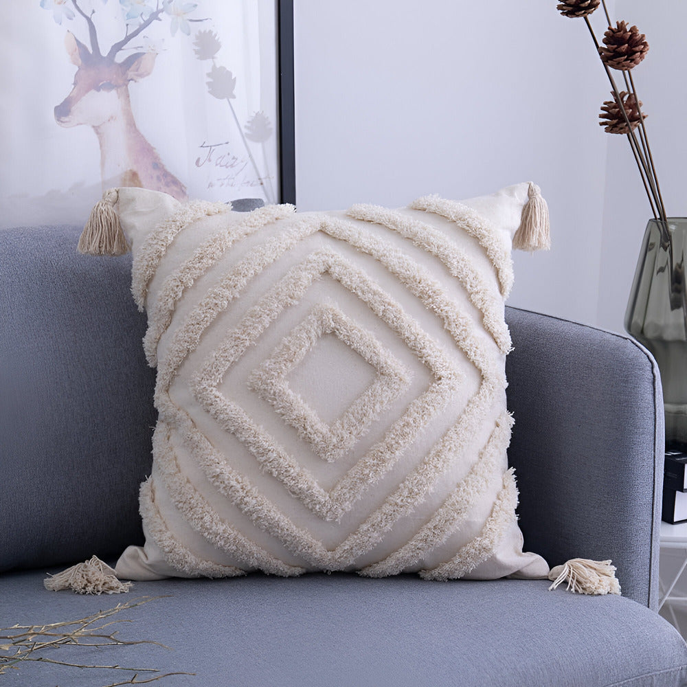 Boho Cotton Cushion Cover with Fringes – Ibiza Inspired Decorative Pillow 0