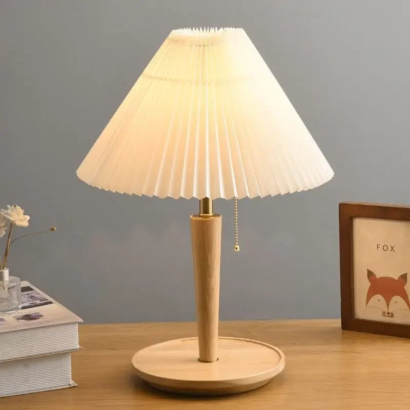 Chochin Table Lamp with Pleated Wood Design – Cozy LED Bedside Lamp for Elegant Bedroom Ambiance 1