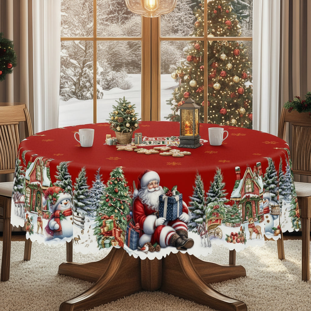 Christmas Tablecloth with Santa and Snowman Design – Round Table Cloth for Holiday Decor 0