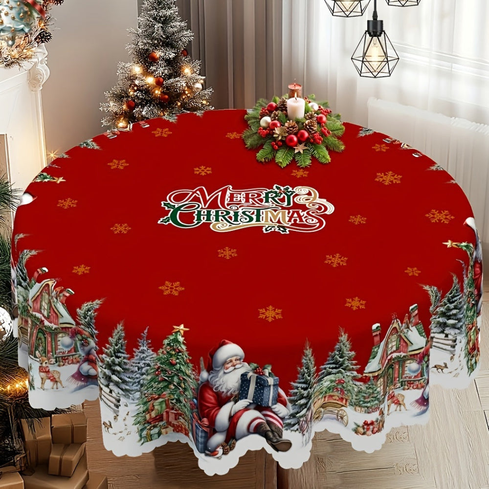 Christmas Tablecloth with Santa and Snowman Design – Round Table Cloth for Holiday Decor 1