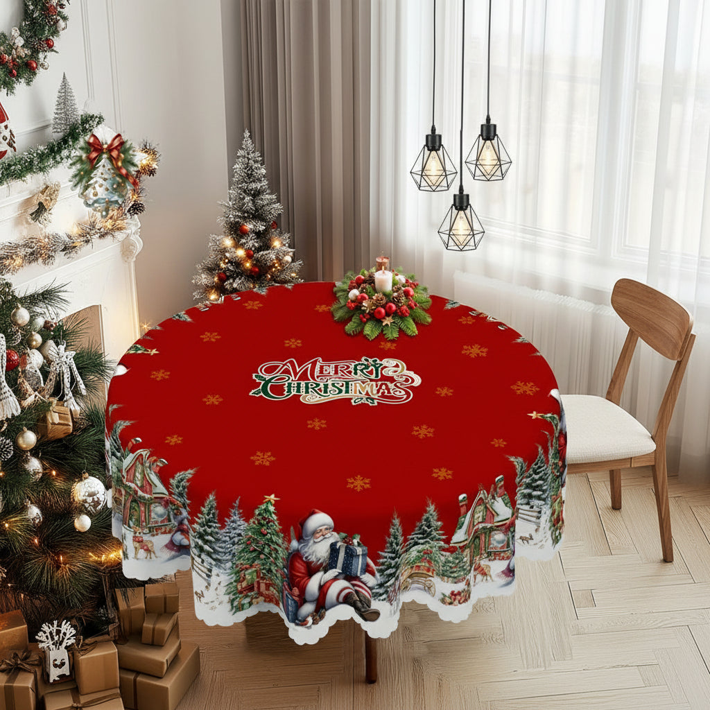 Christmas Tablecloth with Santa and Snowman Design – Round Table Cloth for Holiday Decor 2