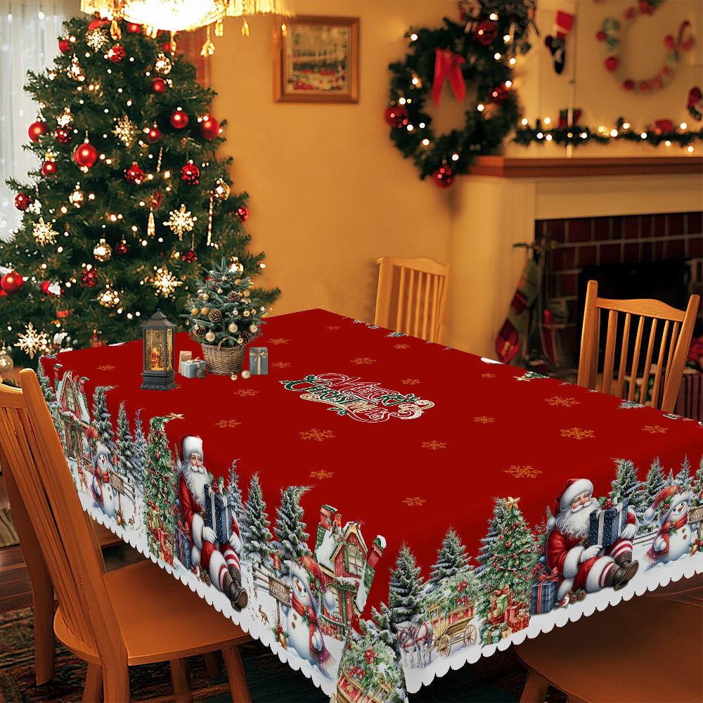 Christmas Tablecloth with Santa and Snowman Design – Round Table Cloth for Holiday Decor 5