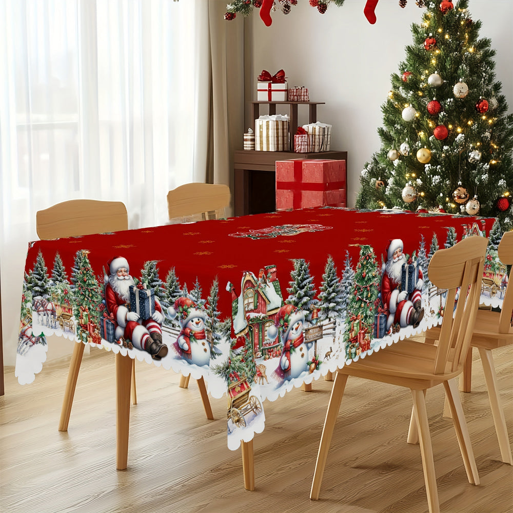 Christmas Tablecloth with Santa and Snowman Design – Round Table Cloth for Holiday Decor 6