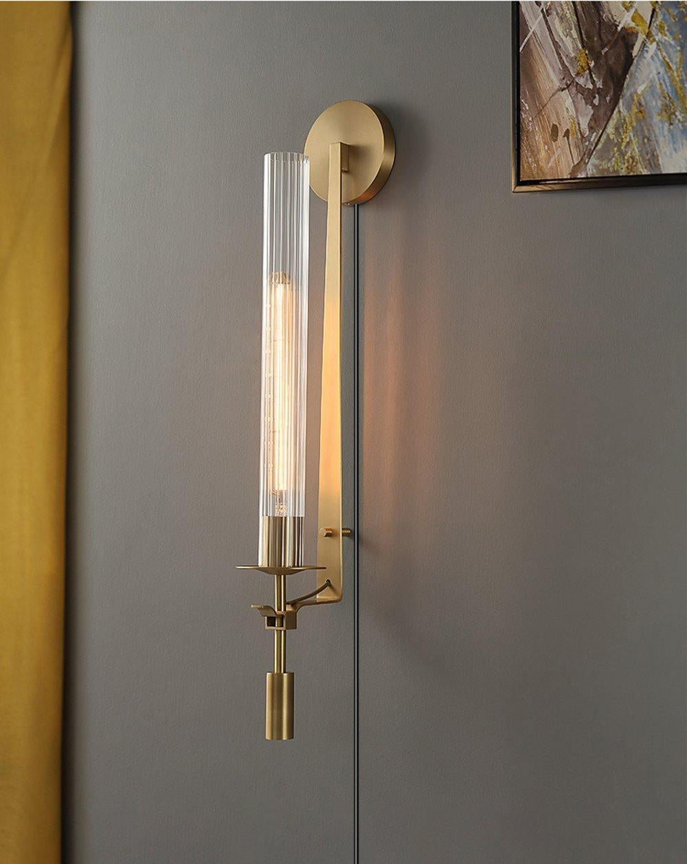 Classic Brass Ribbed Glass Wall Light With Inline Switch 4