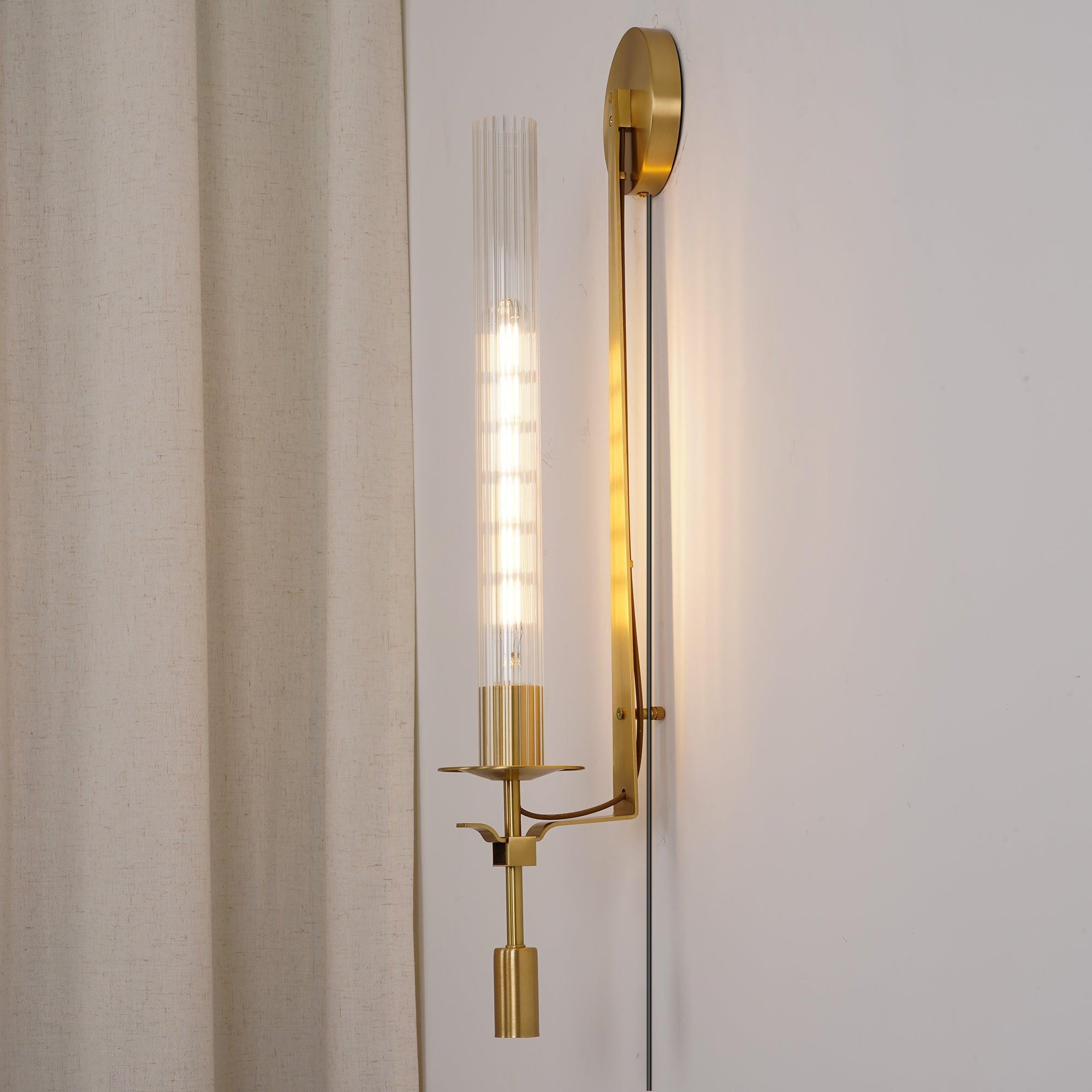 Classic Brass Ribbed Glass Wall Light With Inline Switch 7