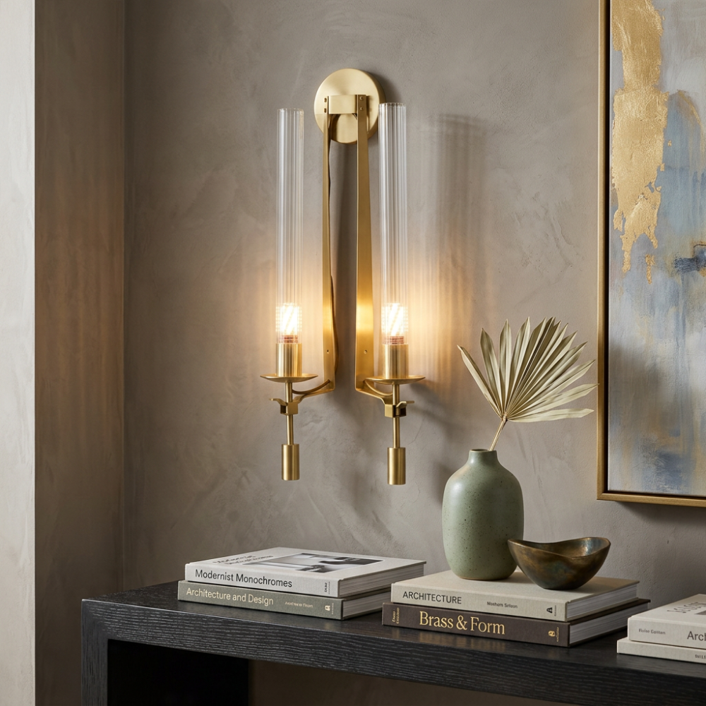 Classic Brass Ribbed Glass Wall Light With Inline Switch 998