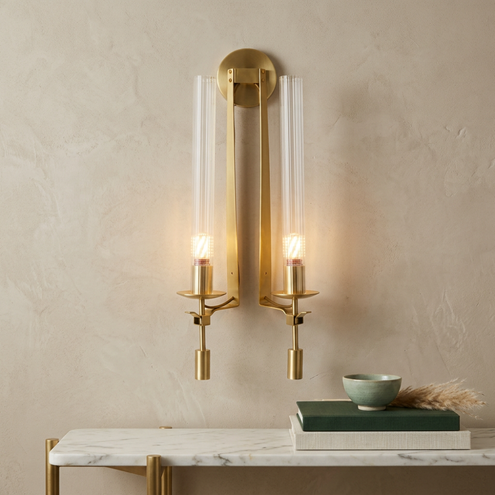 Classic Brass Ribbed Glass Wall Light With Inline Switch 999