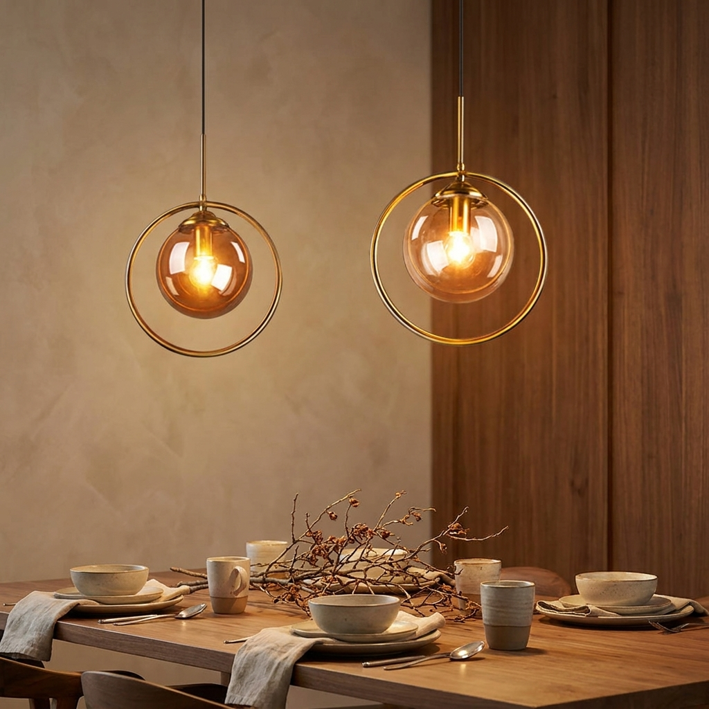 Cognac Amber Glass Pendant Light Dome Shade Metal Ring Dimmable Modern Dining Room Bedroom Home Decor - Stack & Clear 0