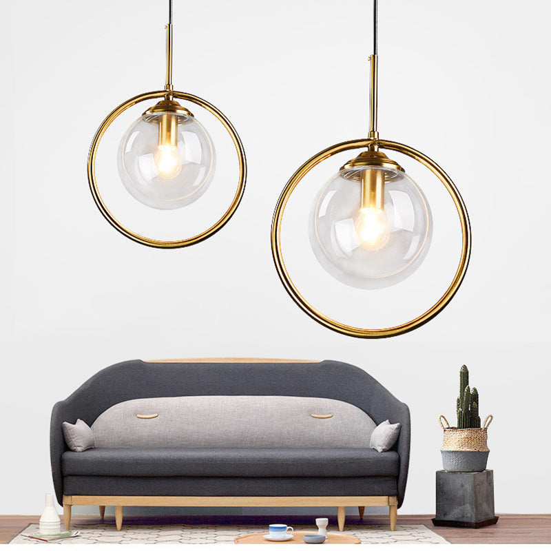 Cognac Amber Glass Pendant Light Dome Shade Metal Ring Dimmable Modern Dining Room Bedroom Home Decor - Stack & Clear 3