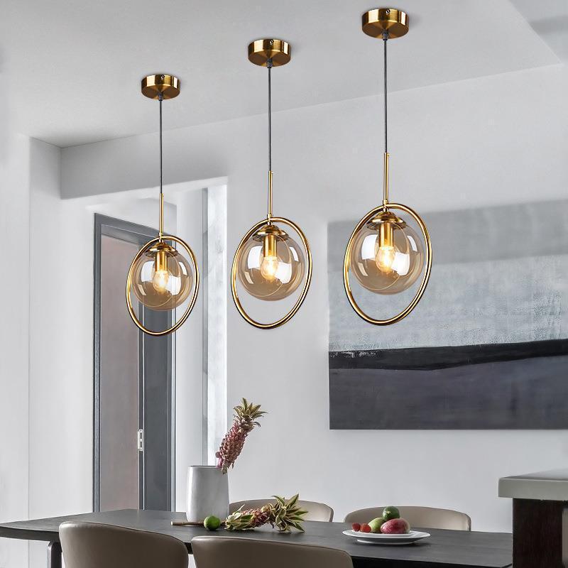 Cognac Amber Glass Pendant Light Dome Shade Metal Ring Dimmable Modern Dining Room Bedroom Home Decor - Stack & Clear 8