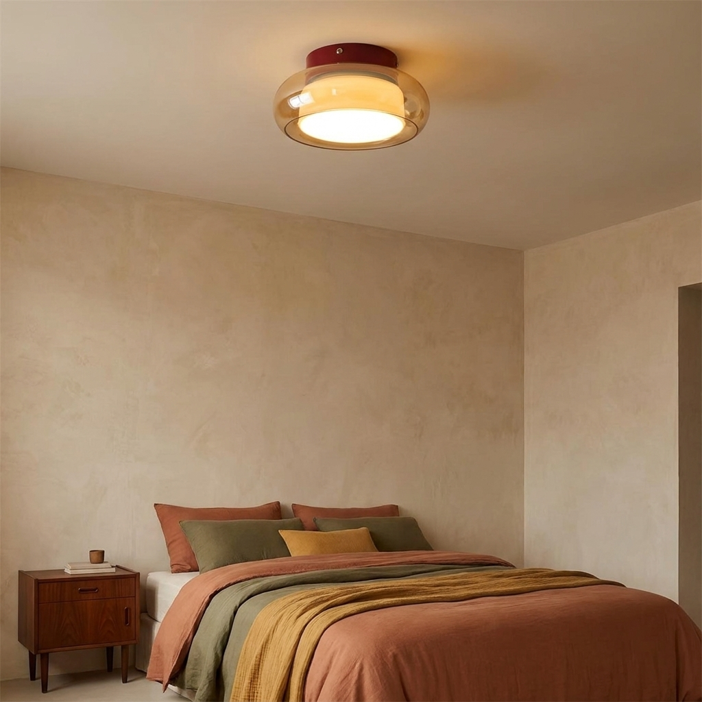 Cognac Glass Flush Mount Ceiling Light Dome Shade Cherry Red Accent Retro Bedroom Living Room Home Decor - Stack & Clear 12