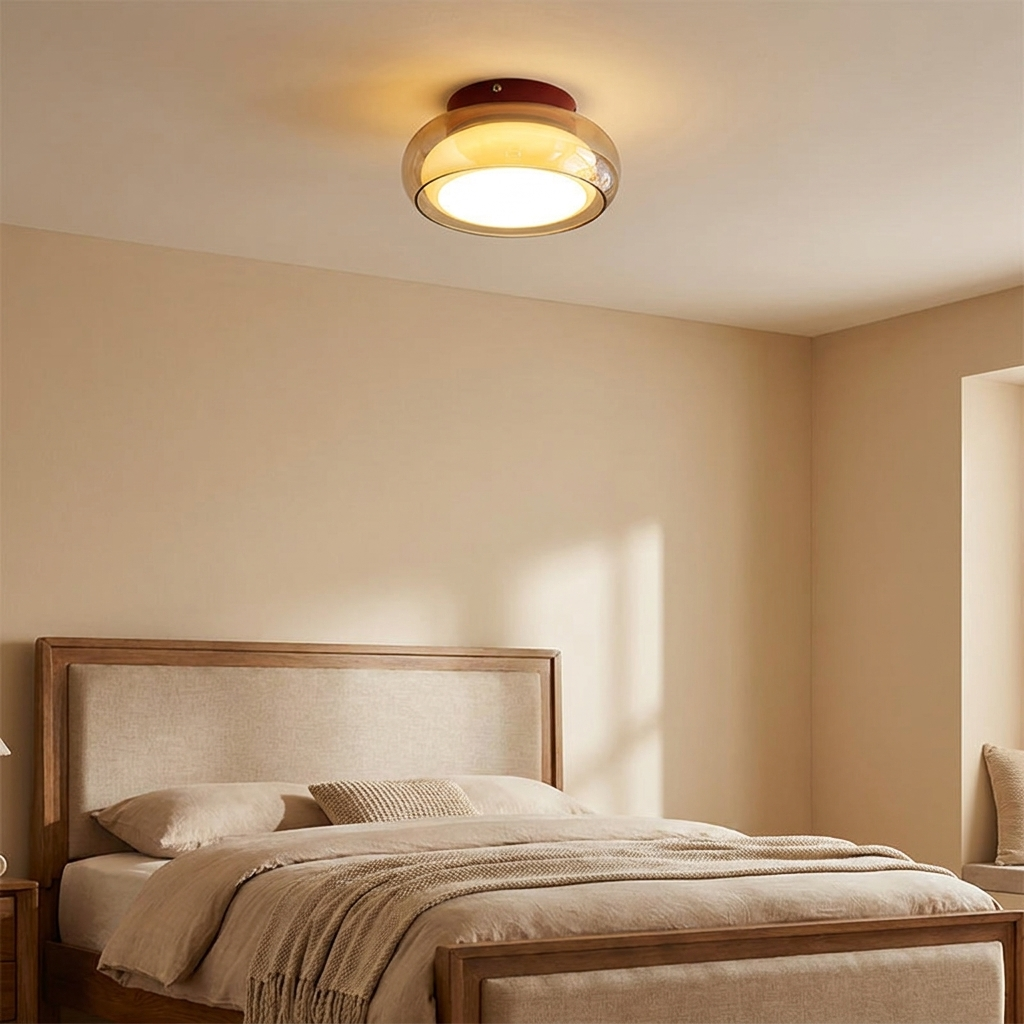 Cognac Glass Flush Mount Ceiling Light Dome Shade Cherry Red Accent Retro Bedroom Living Room Home Decor - Stack & Clear 2