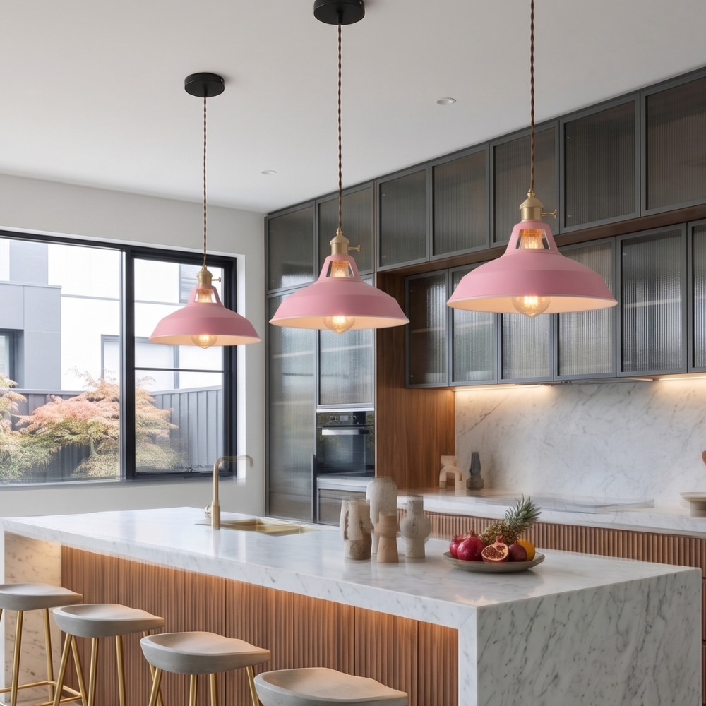 Colorful Industrial Pendant Light – 1-Light Metal Barn Shade for Kitchen and Café, Adjustable Height Hanging Light in Various Colors 90