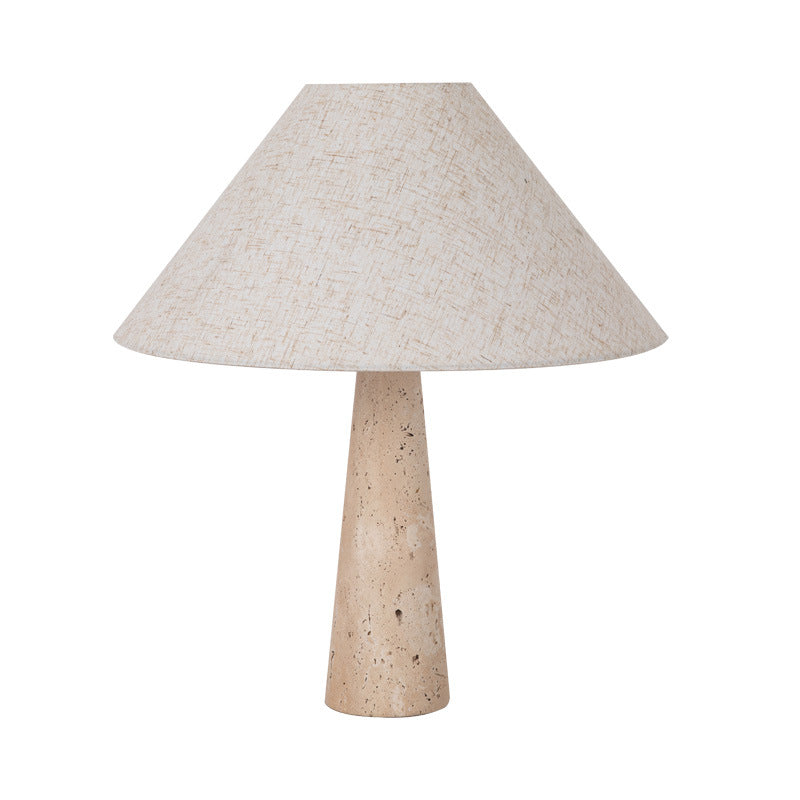 Contemporary Table Lamp with Fabric Shade and Travertine Base – Versatile Bedside or Desk Lighting Options 0