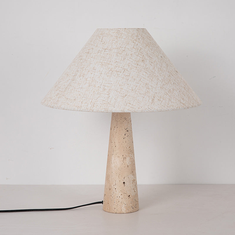Contemporary Table Lamp with Fabric Shade and Travertine Base – Versatile Bedside or Desk Lighting Options 1