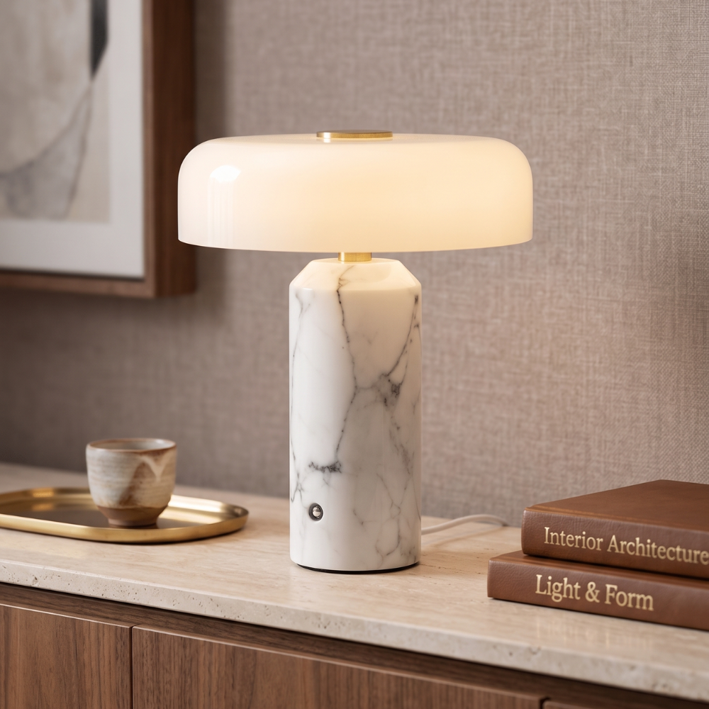 Cordless Marble Table Lamp With Opaline Shade - White 72