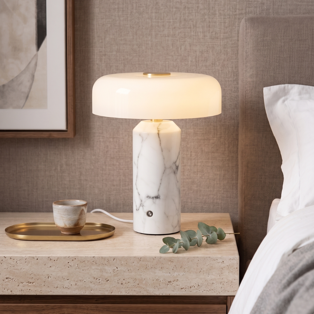 Cordless Marble Table Lamp With Opaline Shade - White 73