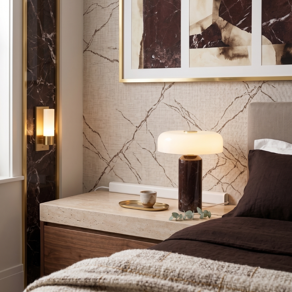 Cordless Marble Table Lamp With Opaline Shade - White 74