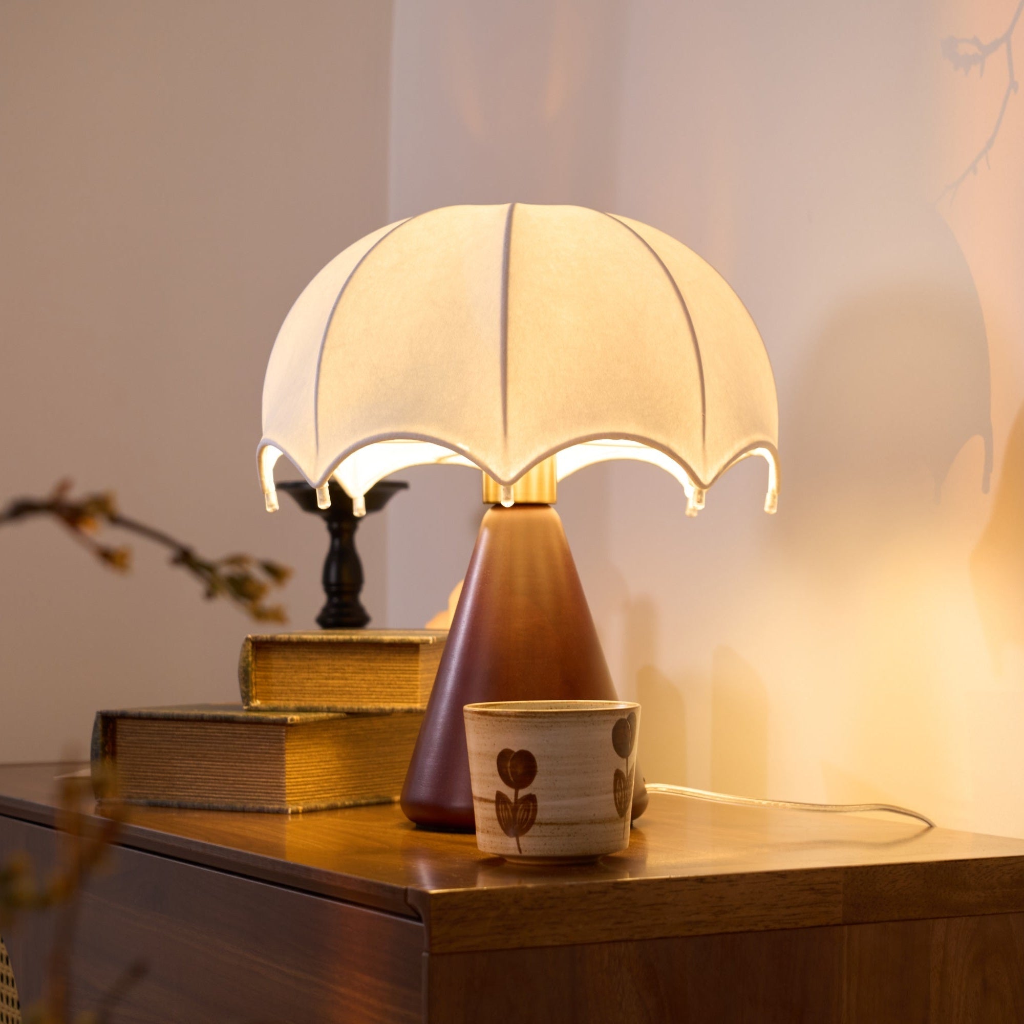 Cordless Table Lamp White Silk Umbrella Shade Walnut Base Japandi Vintage Bedside Home Decor - Stack & Clear 2