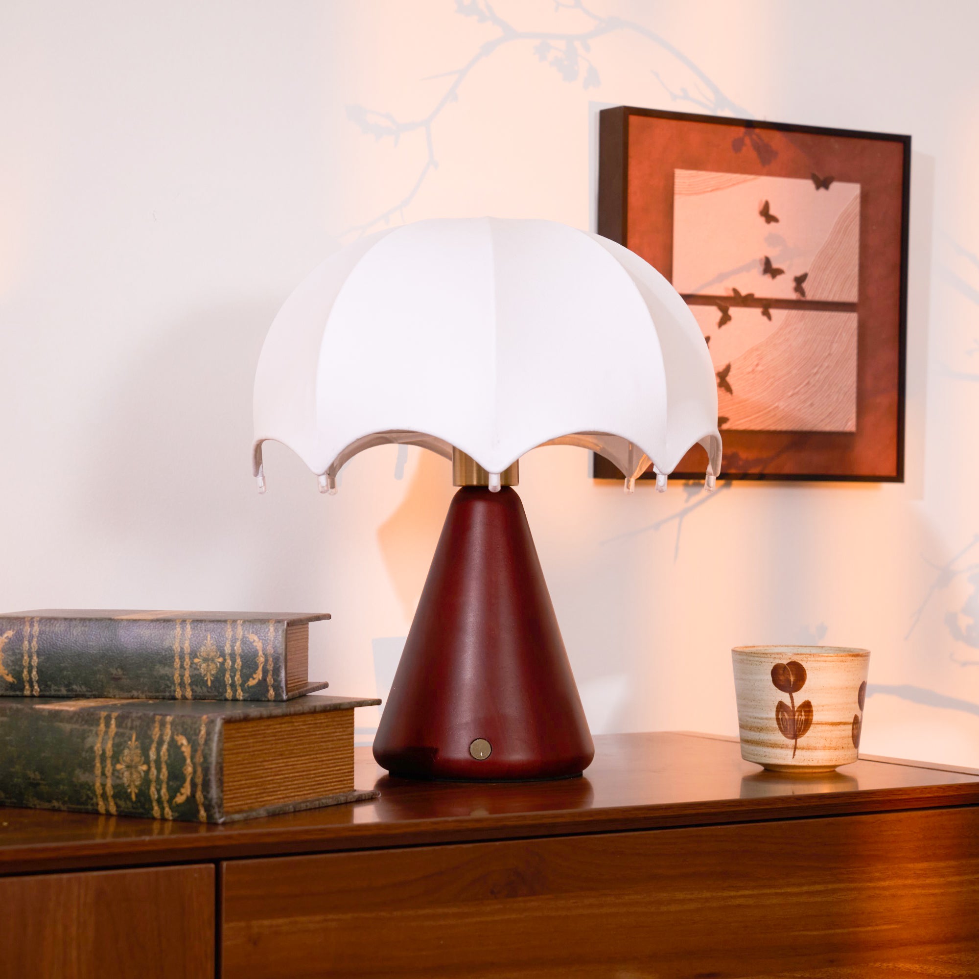 Cordless Table Lamp White Silk Umbrella Shade Walnut Base Japandi Vintage Bedside Home Decor - Stack & Clear 3