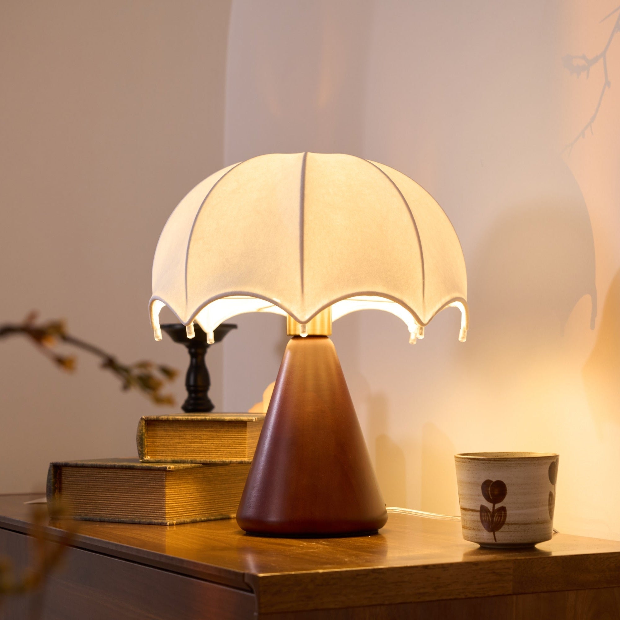 Cordless Table Lamp White Silk Umbrella Shade Walnut Base Japandi Vintage Bedside Home Decor - Stack & Clear 4