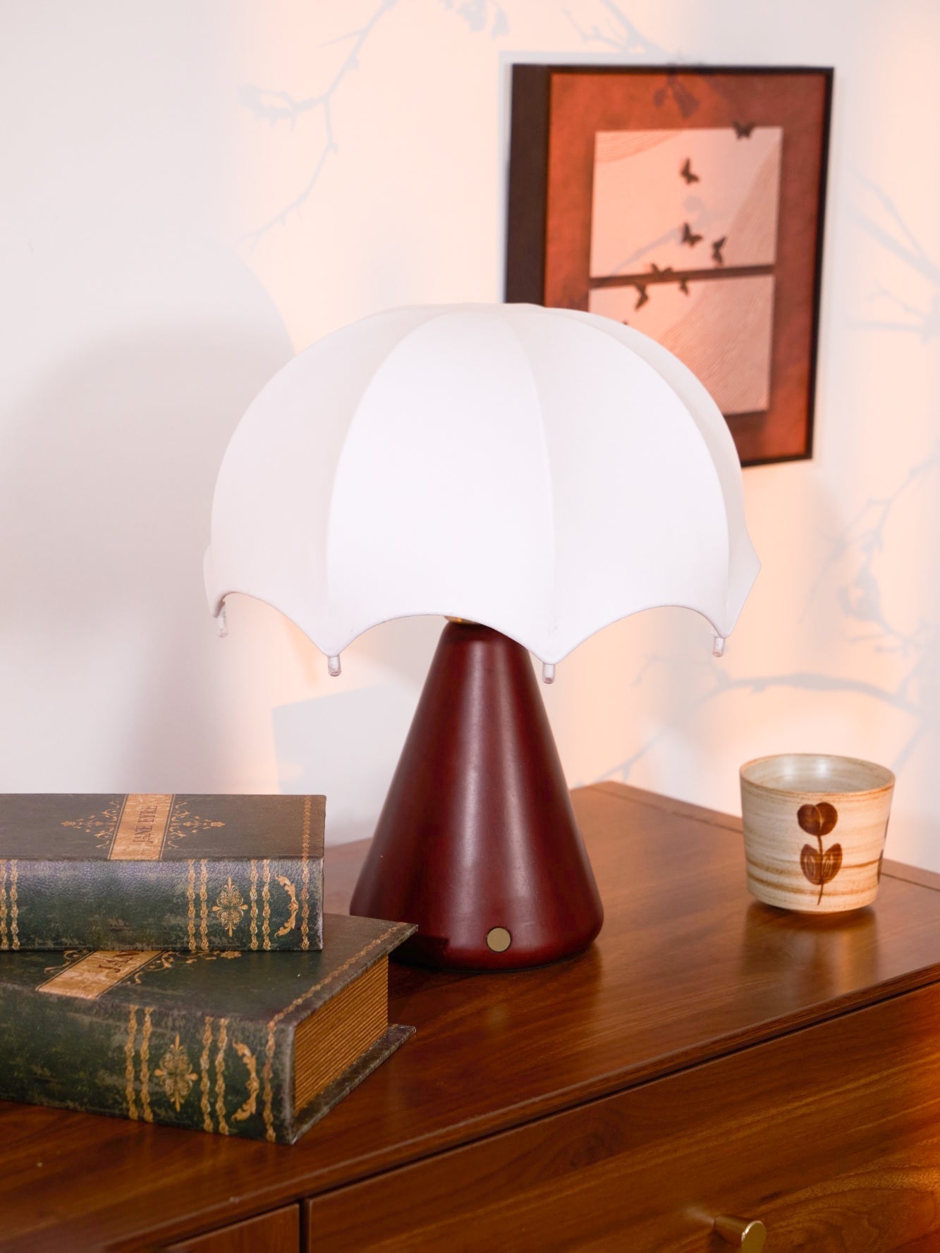 Cordless Table Lamp White Silk Umbrella Shade Walnut Base Japandi Vintage Bedside Home Decor - Stack & Clear 5