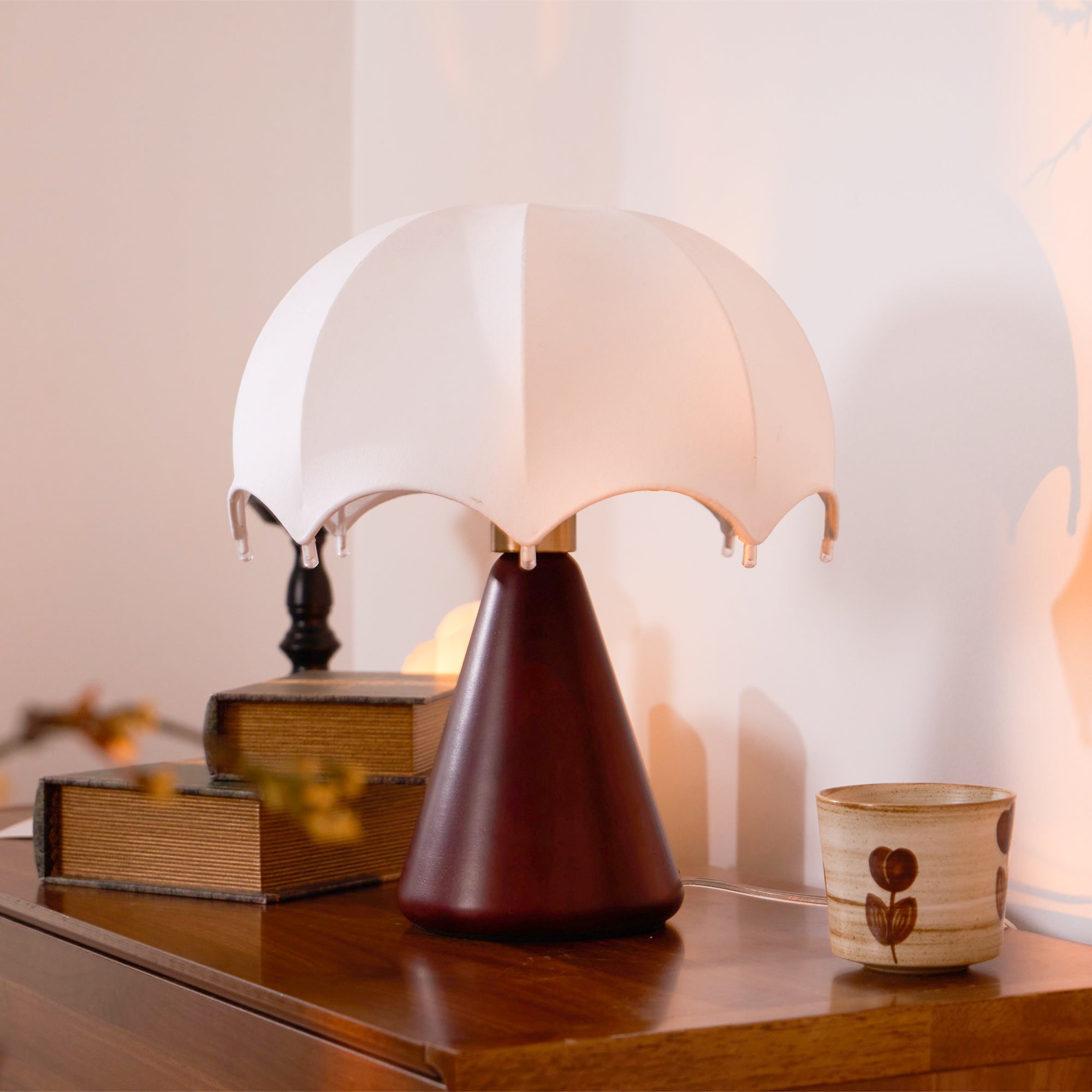 Cordless Table Lamp White Silk Umbrella Shade Walnut Base Japandi Vintage Bedside Home Decor - Stack & Clear 6
