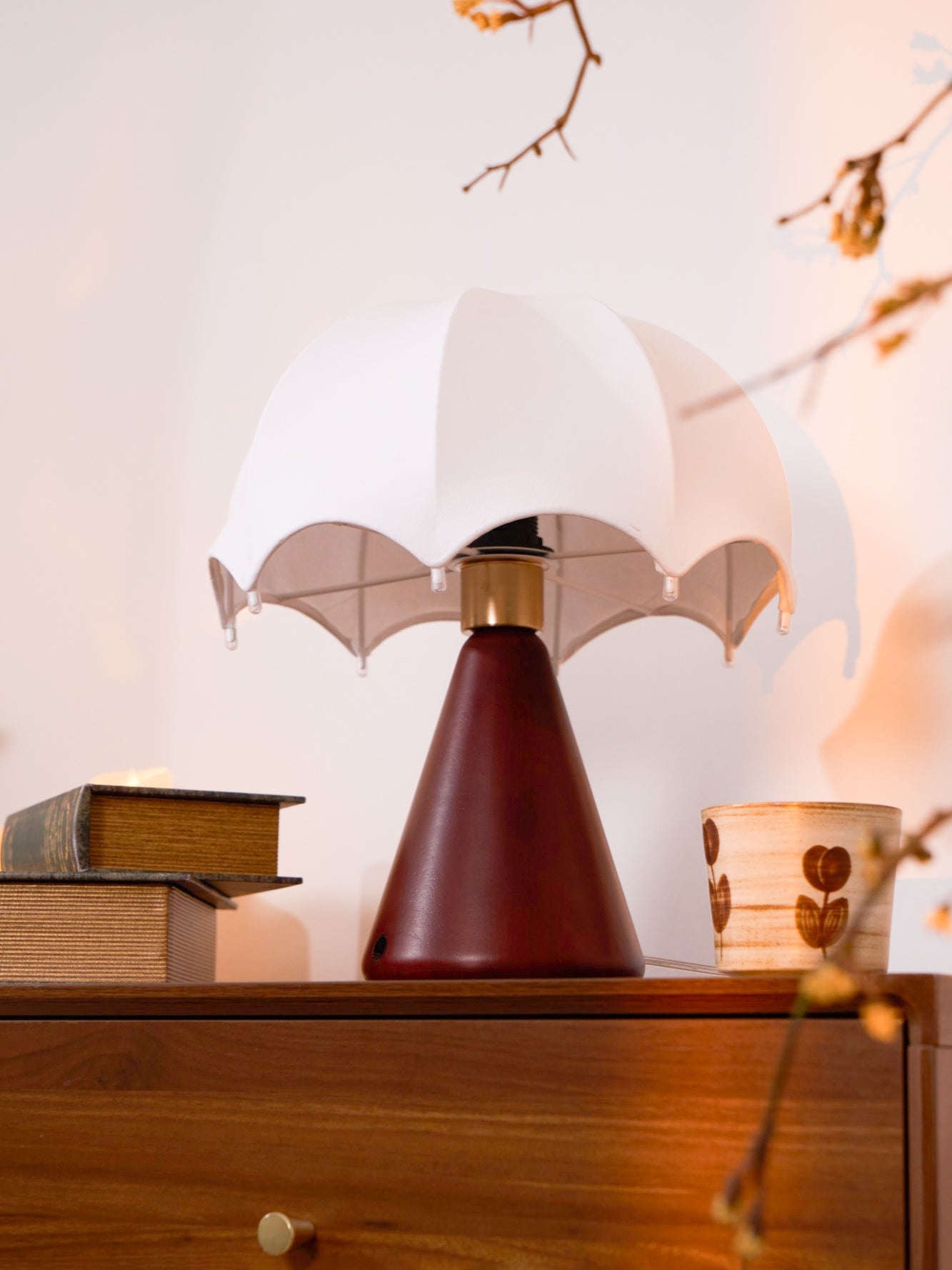Cordless Table Lamp White Silk Umbrella Shade Walnut Base Japandi Vintage Bedside Home Decor - Stack & Clear 7