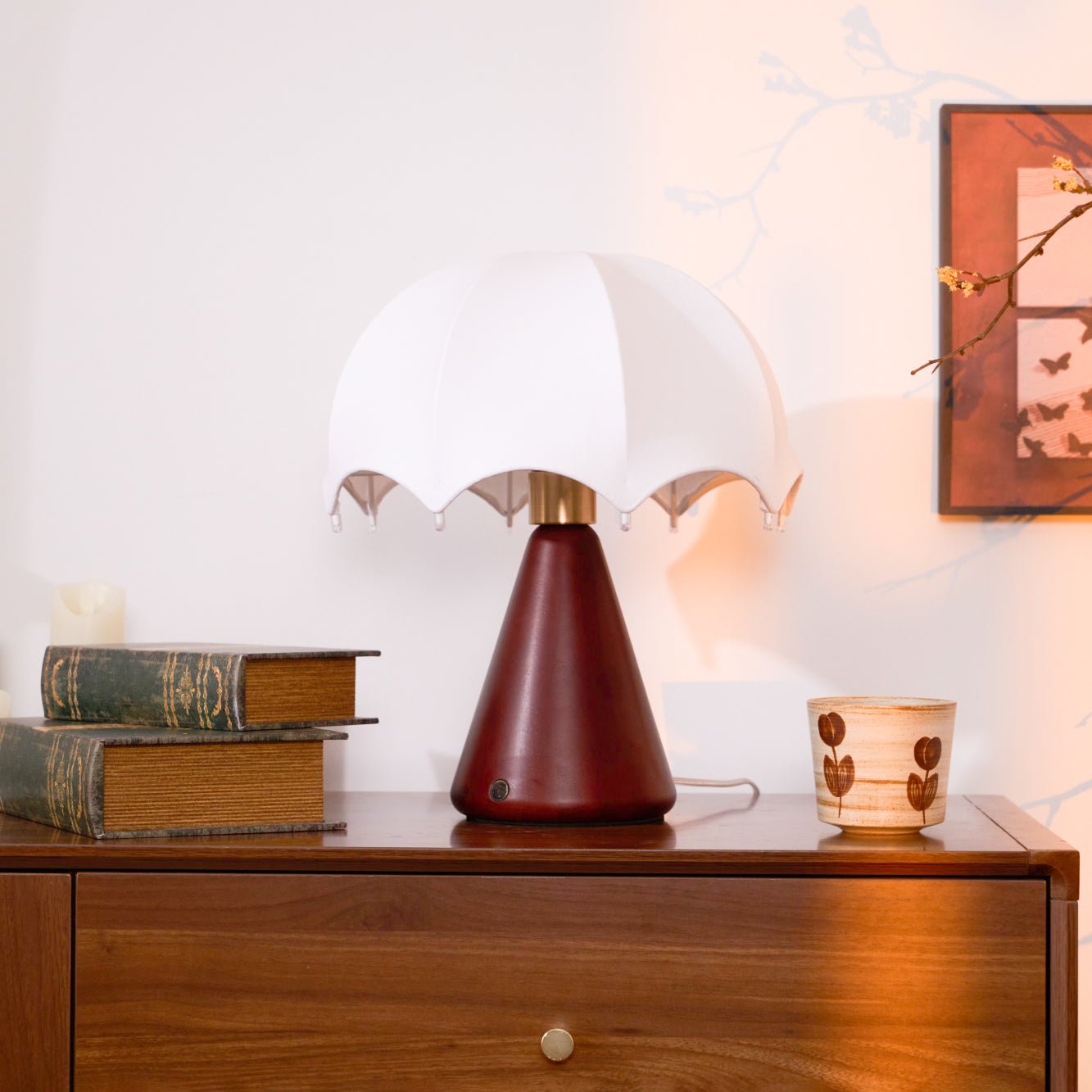 Cordless Table Lamp White Silk Umbrella Shade Walnut Base Japandi Vintage Bedside Home Decor - Stack & Clear 8
