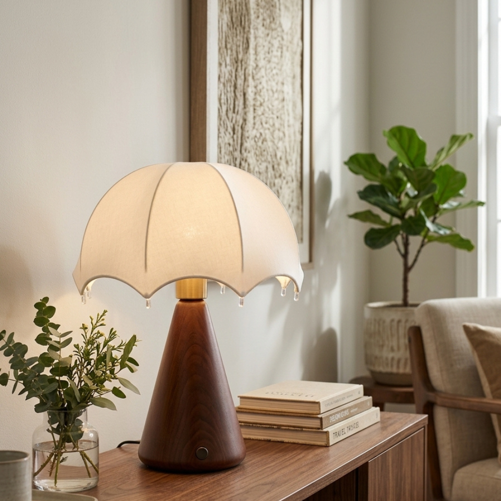 Cordless Table Lamp White Silk Umbrella Shade Walnut Base Japandi Vintage Bedside Home Decor - Stack & Clear 97