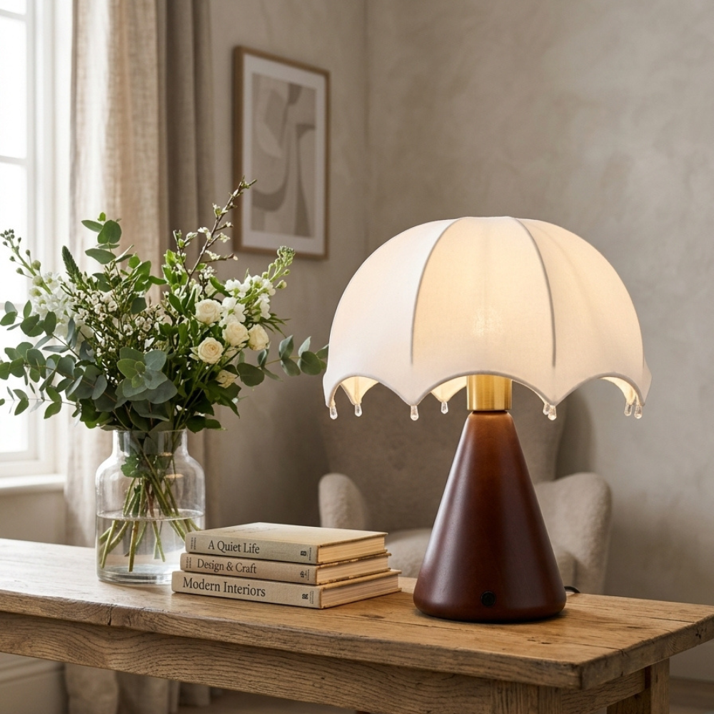 Cordless Table Lamp White Silk Umbrella Shade Walnut Base Japandi Vintage Bedside Home Decor - Stack & Clear 98