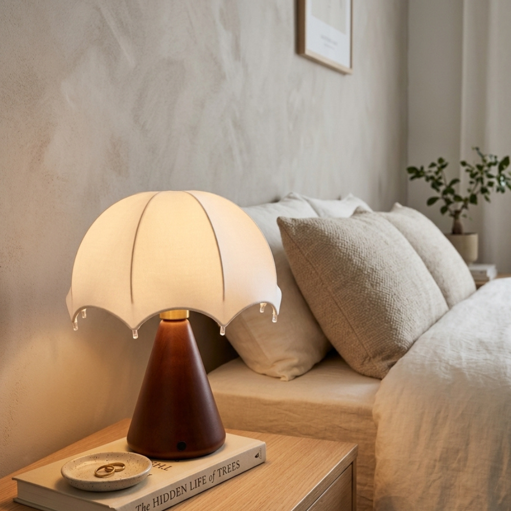 Cordless Table Lamp White Silk Umbrella Shade Walnut Base Japandi Vintage Bedside Home Decor - Stack & Clear 99