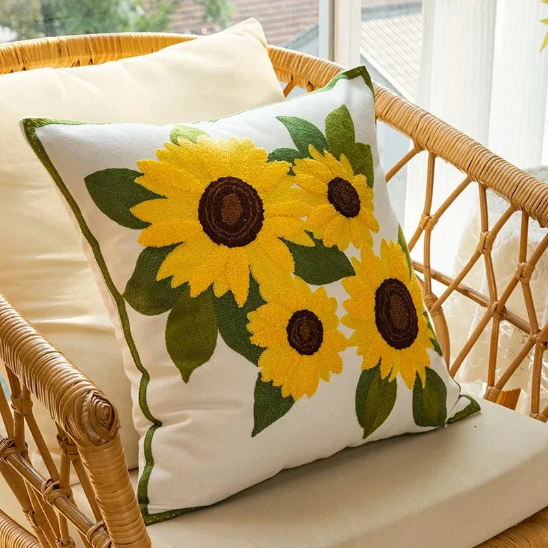 Cotton Throw Cushion Cover with Sunflower Embroidery – 45x45 cm Decorative Accent Pillow 0