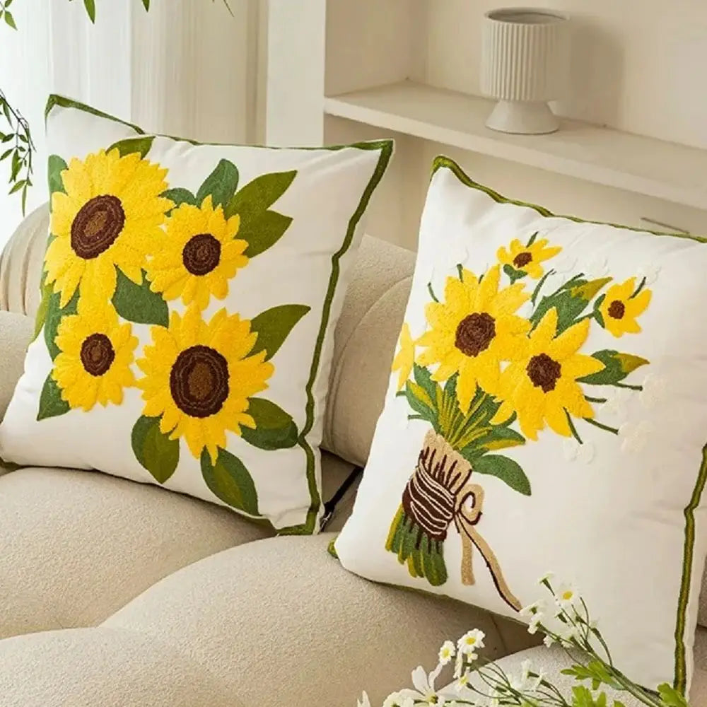 Cotton Throw Cushion Cover with Sunflower Embroidery – 45x45 cm Decorative Accent Pillow 1