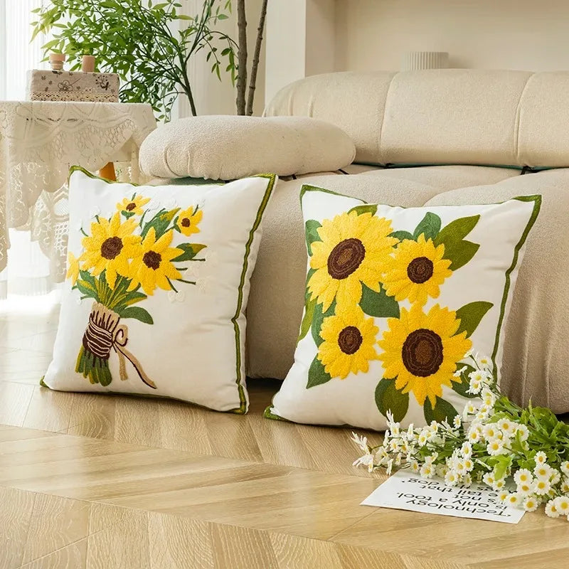 Cotton Throw Cushion Cover with Sunflower Embroidery – 45x45 cm Decorative Accent Pillow 2