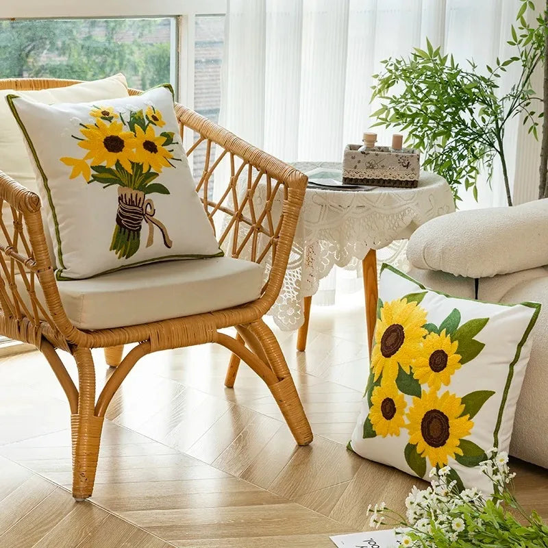 Cotton Throw Cushion Cover with Sunflower Embroidery – 45x45 cm Decorative Accent Pillow 3